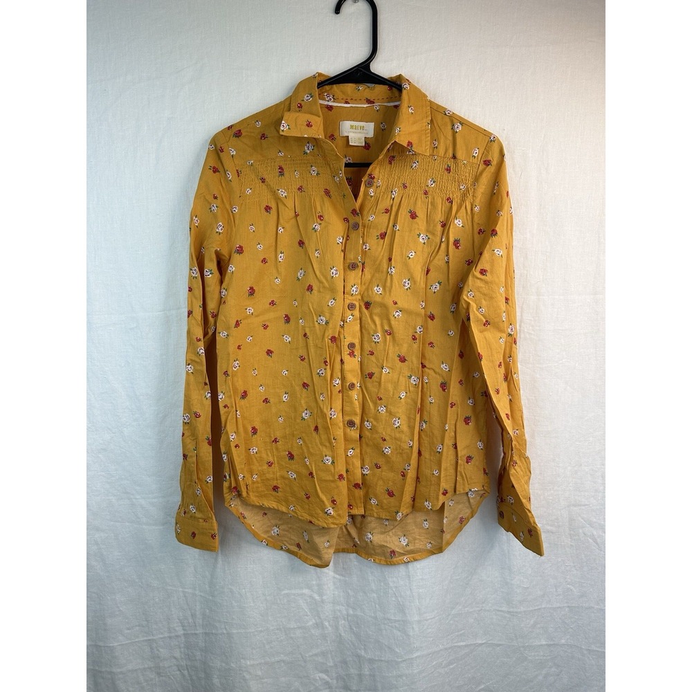 Maeve Anthropologie Yellow Floral Long Sleeve Cotton Button Front Shirt Size 0